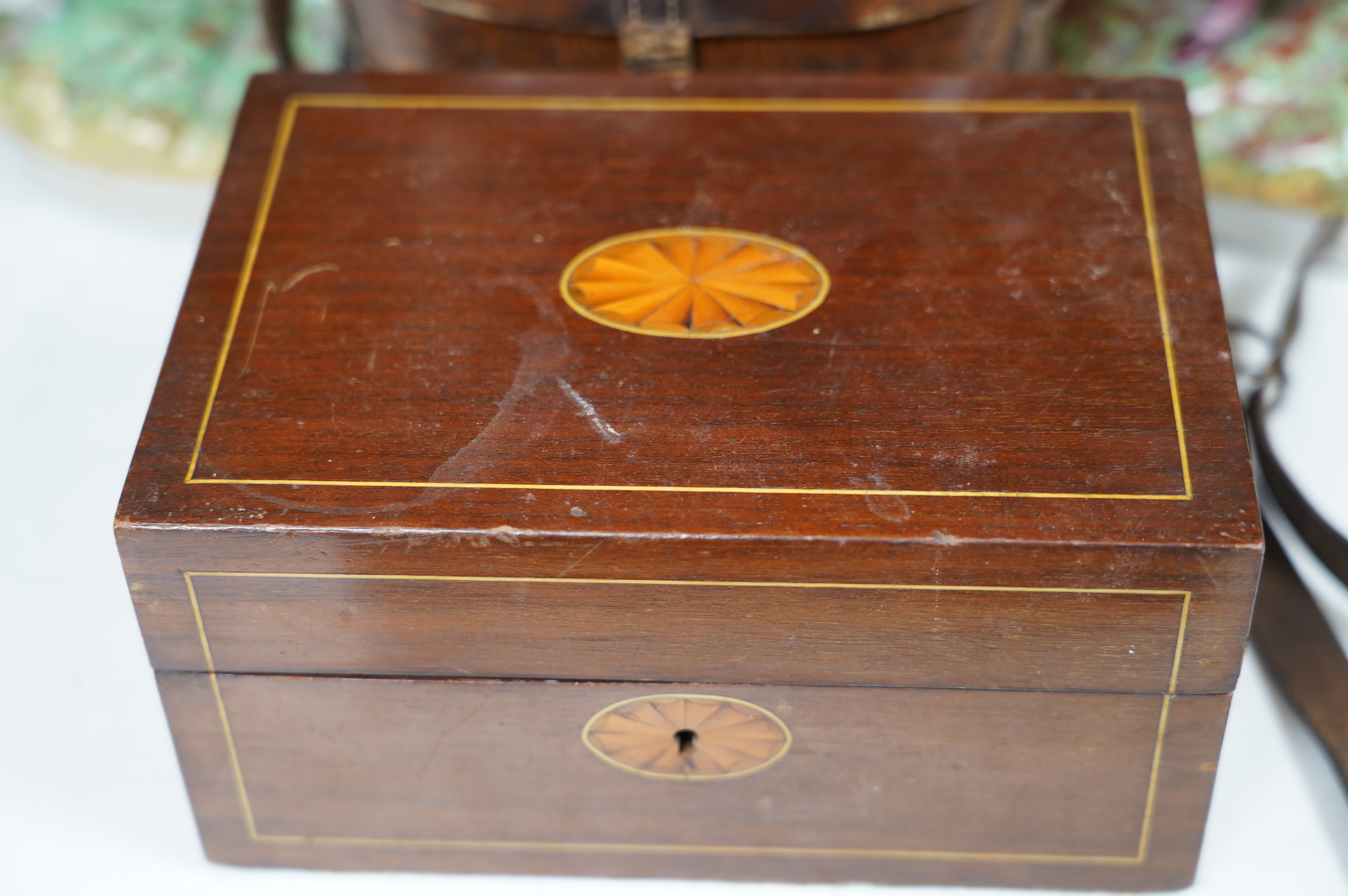 A pair of Staffordshire cow groups, two boxes and a cased pair of binoculars. Condition - fair